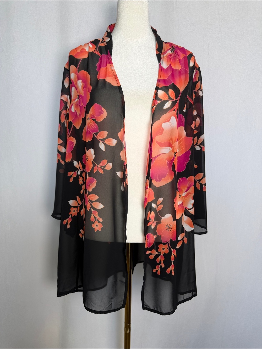 Sheer Black Floral Kimono Cover-Up with Pink & Orange Blooms Size 1X Flowy EUC